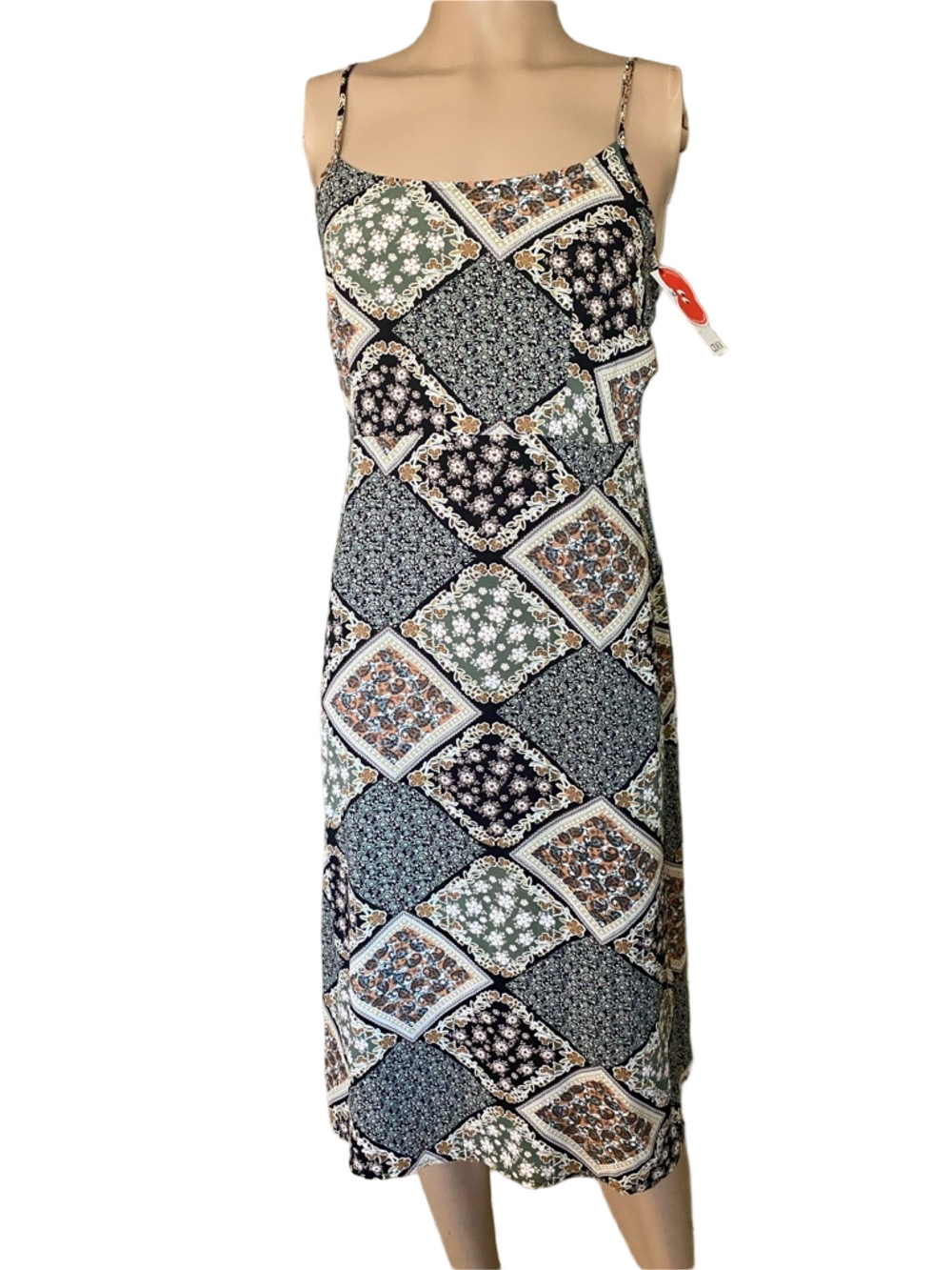Cider Black and Olive Green Floral Patchwork Slip Dress
